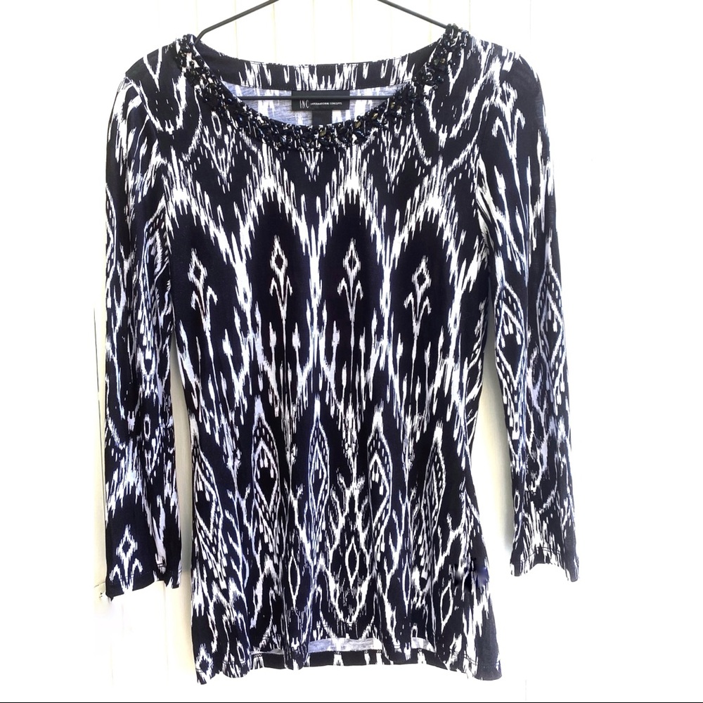 INC Top Black & White Tribal with Beaded Neckline SZ  S